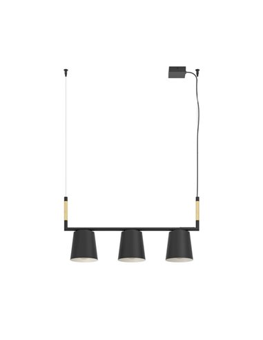 Lámpara colgante LACEY de 3 pantallas negras y detalles en madera, 3xE27