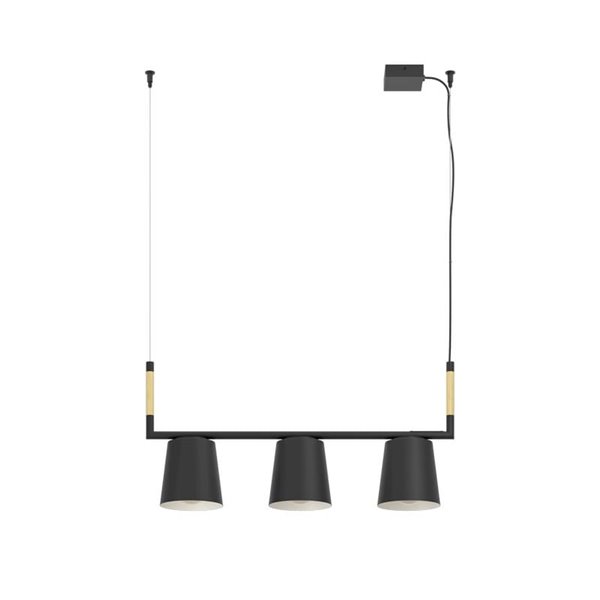 Lampe à suspension LACEY avec 3 abat-jours noirs et détails en bois, 3xE27
