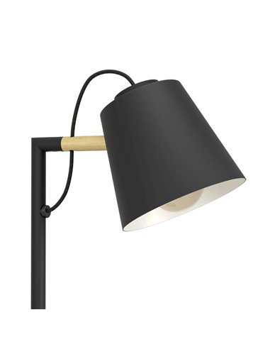 Lampadaire LACEY avec abat-jour noir et détails en bois, E27, H:1.595m