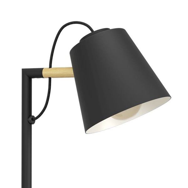 Lampadaire LACEY avec abat-jour noir et détails en bois, E27, H:1.595m
