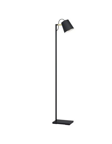 Lampadaire LACEY avec abat-jour noir et détails en bois, E27, H:1.595m