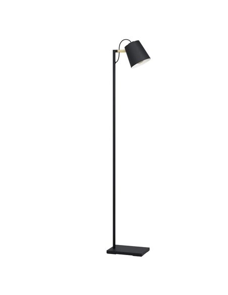 Lampadaire LACEY avec abat-jour noir et détails en bois, E27, H:1.595m