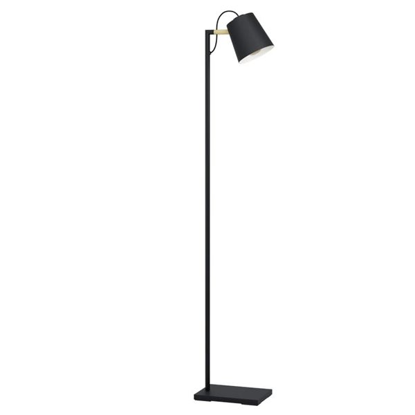 Lampadaire LACEY avec abat-jour noir et détails en bois, E27, H:1.595m