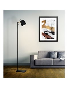 Lampadaire LACEY avec abat-jour noir et détails en bois, E27, H:1.595m 2