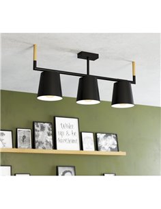 Lámpara de techo LACEY de 3 luces con pantallas negras y detalles en madera E27 2