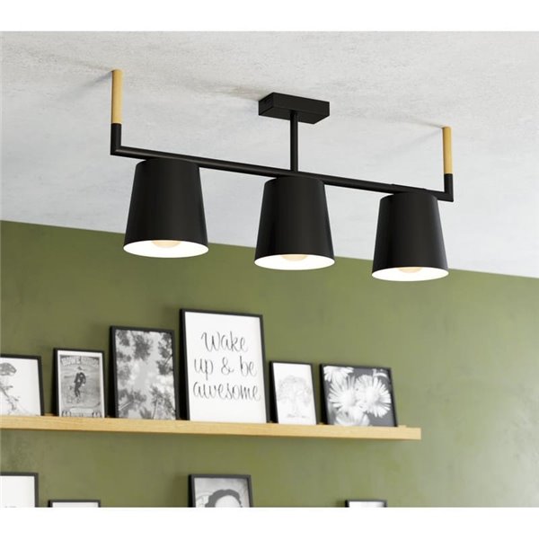 Plafonnier 3 lumières LACEY avec abat-jour noirs et détails en bois E27