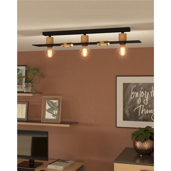 Lámpara de techo BRAMERTON de 3 portalámparas en negro y madera, E27