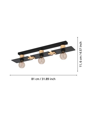 Lámpara de techo BRAMERTON de 3 portalámparas en negro y madera, E27