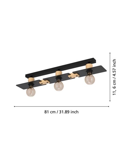 Lámpara de techo BRAMERTON de 3 portalámparas en negro y madera, E27