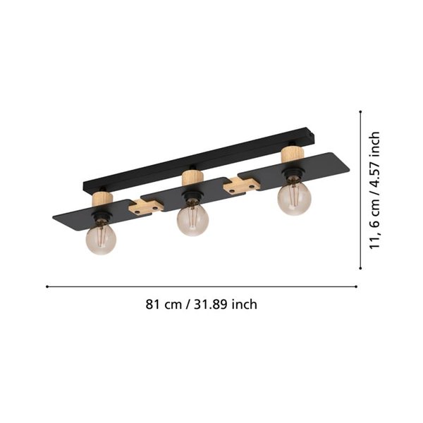 Lámpara de techo BRAMERTON de 3 portalámparas en negro y madera, E27