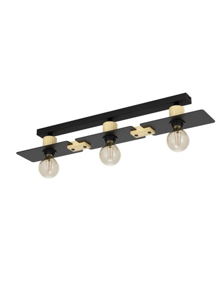 Luminária de teto BRAMERTON de 3 soquetes em preto e madeira, E27