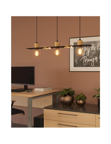 Suspension BRAMERTON avec 3 douilles E27, noire et bois