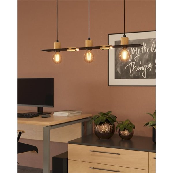 Lámpara colgante BRAMERTON de 3 portalámparas E27,negro y madera