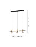 Suspension BRAMERTON avec 3 douilles E27, noire et bois