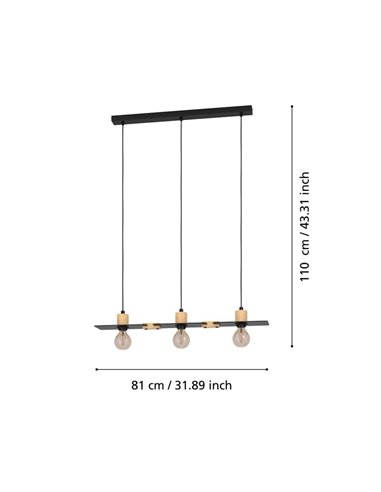 Lámpara colgante BRAMERTON de 3 portalámparas E27,negro y madera