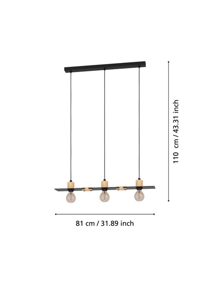 Lámpara colgante BRAMERTON de 3 portalámparas E27,negro y madera