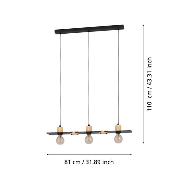 Lámpara colgante BRAMERTON de 3 portalámparas E27,negro y madera