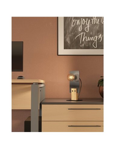 Lámpara de mesa BRAMERTON con bombilla E27 vista, negro y madera