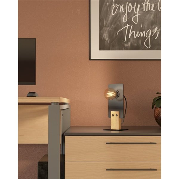 Lámpara de mesa BRAMERTON con bombilla E27 vista, negro y madera