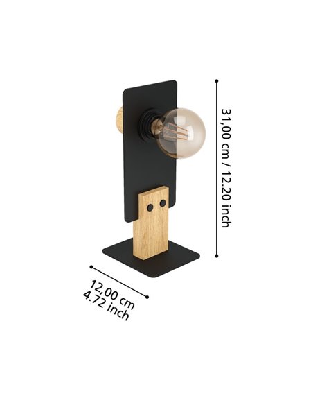 Lámpara de mesa BRAMERTON con bombilla E27 vista, negro y madera