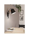 Aplique de pared LACEY con pantalla negra y detalles en madera, E27