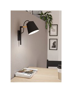 Aplique de pared LACEY con pantalla negra y detalles en madera, E27 2