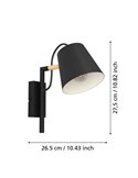 Aplique de pared LACEY con pantalla negra y detalles en madera, E27