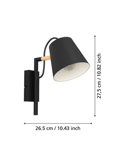 Aplique de pared LACEY con pantalla negra y detalles en madera, E27
