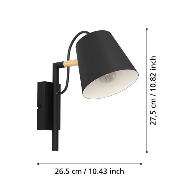 Aplique de pared LACEY con pantalla negra y detalles en madera, E27