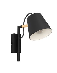 Aplique de pared LACEY con pantalla negra y detalles en madera, E27
