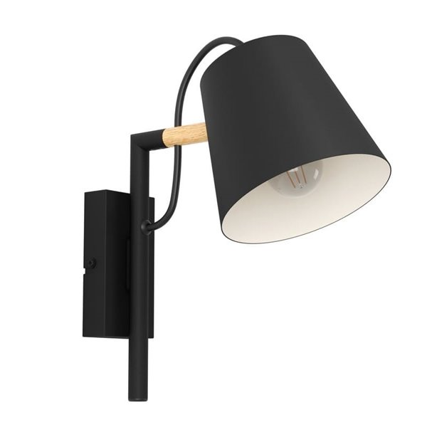 Aplique de pared LACEY con pantalla negra y detalles en madera, E27