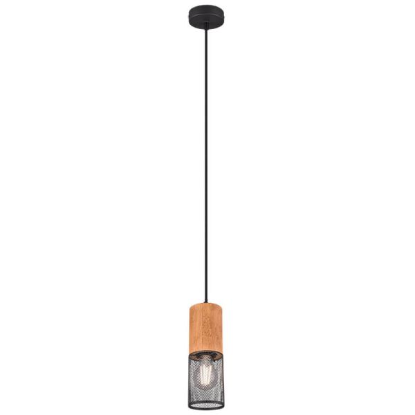 Tosh 1xE27 Luminária pendente LED vintage de madeira e metal da Trio Lighting | Metal marrom e preto | Iluminação LeonLeds