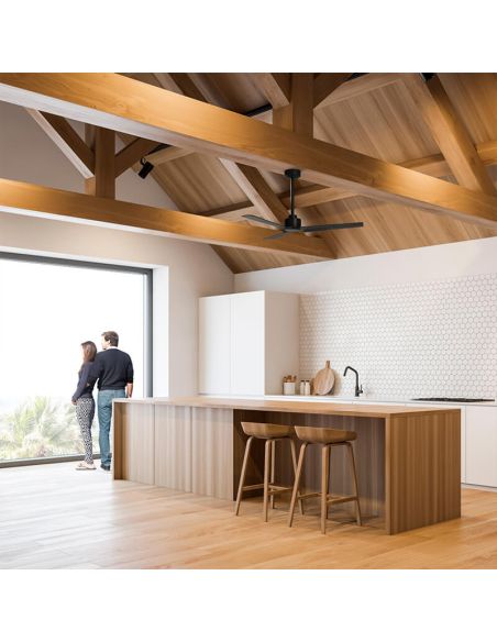 Ventilateur de plafond Anne noir mat avec pales en graphite 75819 installé sur un plafond en bois