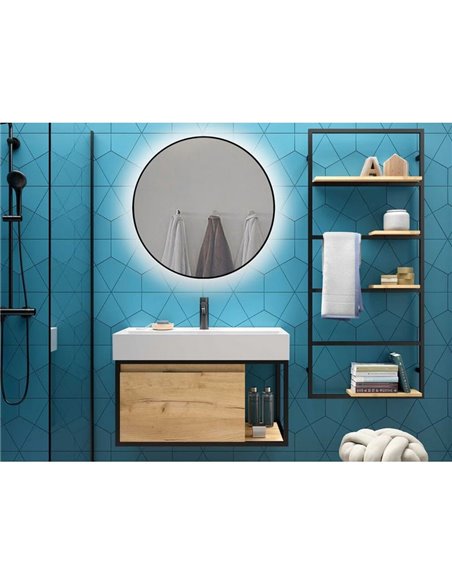 Espelho de banheiro ZEUS com iluminação LED decorativa e moldura preta, Ø80 cm, 12W