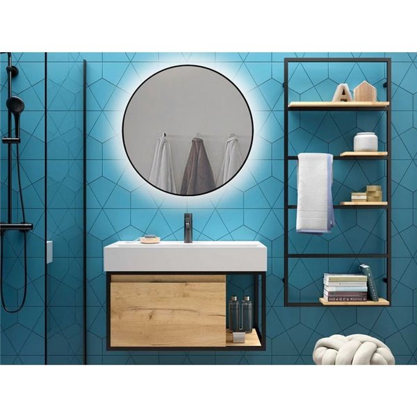 Espejo de baño ZEUS con iluminación LED decorativa y marco negro, Ø80 cm, 12W