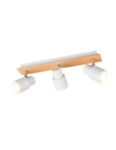 Barrette de 3 spots de plafond PIERRE orientables avec détail bois et ampoule excl. 3x GU10 max. 10W IP20 Blanc