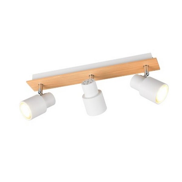 Barrette de 3 spots de plafond PIERRE orientables avec détail bois et ampoule excl. 3x GU10 max. 10W IP20 Blanc