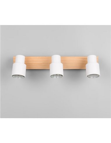Faixa de 3 holofotes de teto PIERRE ajustáveis com detalhes em madeira e lâmpada, excl. 3x GU10 máx. 10W IP20 Branco