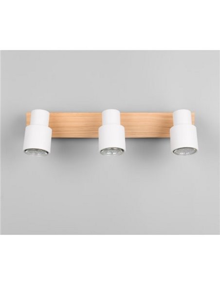 Regleta de 3 focos de techo orientables PIERRE detalle madera y bombilla excl. 3x GU10 max. 10W IP20 Blanco