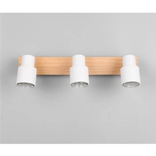 Barrette de 3 spots de plafond PIERRE orientables avec détail bois et ampoule excl. 3x GU10 max. 10W IP20 Blanc