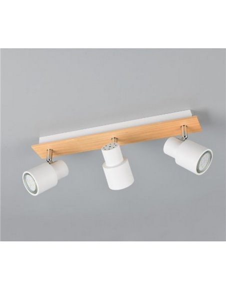 Regleta de 3 focos de techo orientables PIERRE detalle madera y bombilla excl. 3x GU10 max. 10W IP20 Blanco