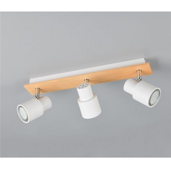 Barrette de 3 spots de plafond PIERRE orientables avec détail bois et ampoule excl. 3x GU10 max. 10W IP20 Blanc