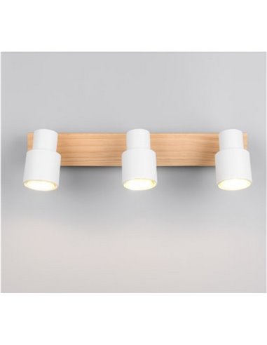 Regleta de 3 focos de techo orientables PIERRE detalle madera y bombilla excl. 3x GU10 max. 10W IP20 Blanco