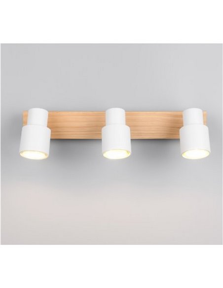 Regleta de 3 focos de techo orientables PIERRE detalle madera y bombilla excl. 3x GU10 max. 10W IP20 Blanco