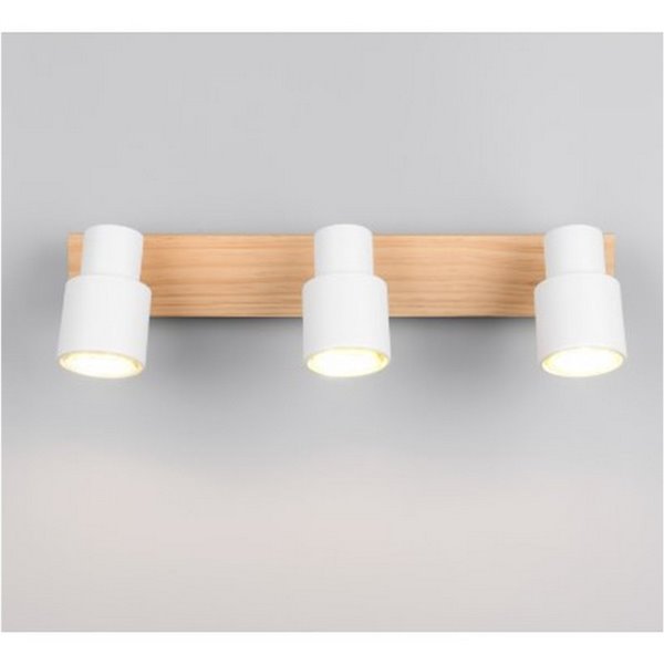 Barrette de 3 spots de plafond PIERRE orientables avec détail bois et ampoule excl. 3x GU10 max. 10W IP20 Blanc