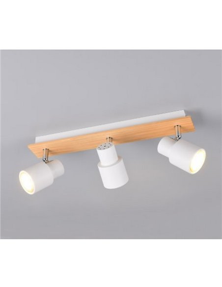 Regleta de 3 focos de techo orientables PIERRE detalle madera y bombilla excl. 3x GU10 max. 10W IP20 Blanco
