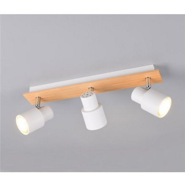 Barrette de 3 spots de plafond PIERRE orientables avec détail bois et ampoule excl. 3x GU10 max. 10W IP20 Blanc