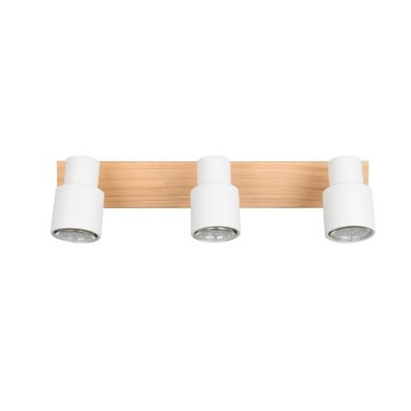 Barrette de 3 spots de plafond PIERRE orientables avec détail bois et ampoule excl. 3x GU10 max. 10W IP20 Blanc