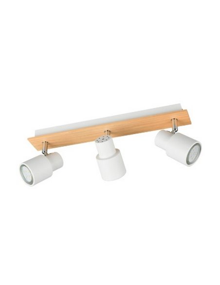 Faixa de 3 holofotes de teto PIERRE ajustáveis com detalhes em madeira e lâmpada, excl. 3x GU10 máx. 10W IP20 Branco