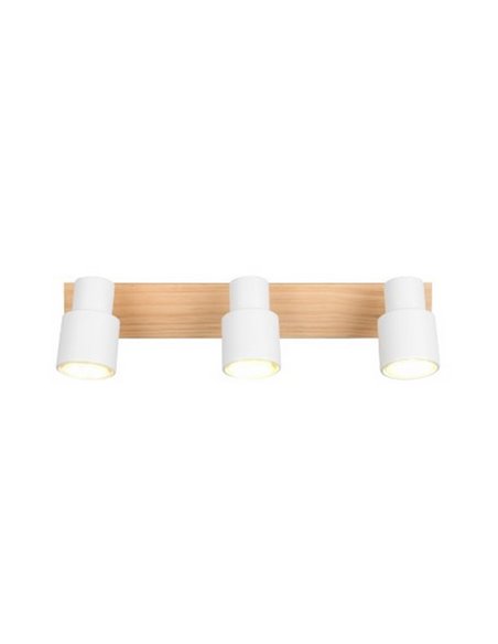 Regleta de 3 focos de techo orientables PIERRE detalle madera y bombilla excl. 3x GU10 max. 10W IP20 Blanco